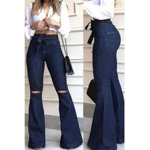 Lovely Casual High-waisted Zipper Broken Holes Deep Blue Jeans